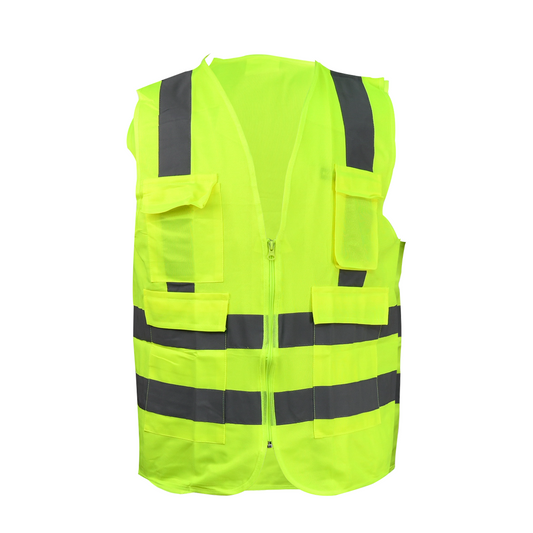 KOMY VEST : Safety Green W/Reflector, 4 Pockets & Zib 120gsm