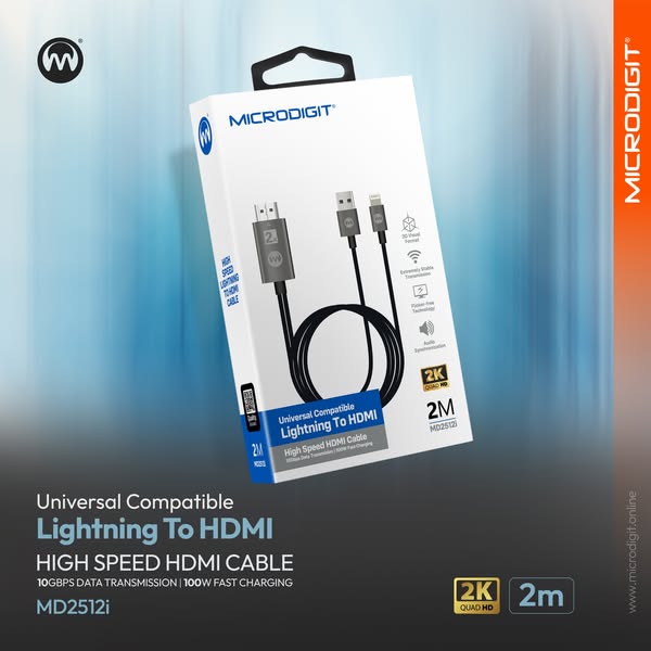 Lightning To Hdmi Cable Microdigit Md2512I-2K Quad Hd-2M