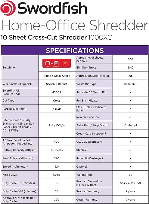 Swordfish 1000XC-P4 EL 10 Sheet Cross-Cut Shredder