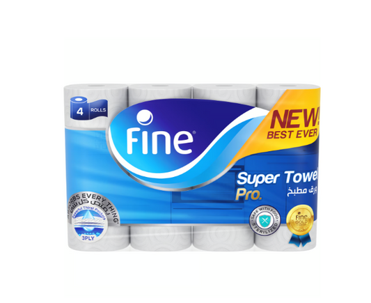 Fine Super Towel Pro New & Improved Sterilized & Half Perforated Kitchen Paper Towel 3ply 4 Rolls